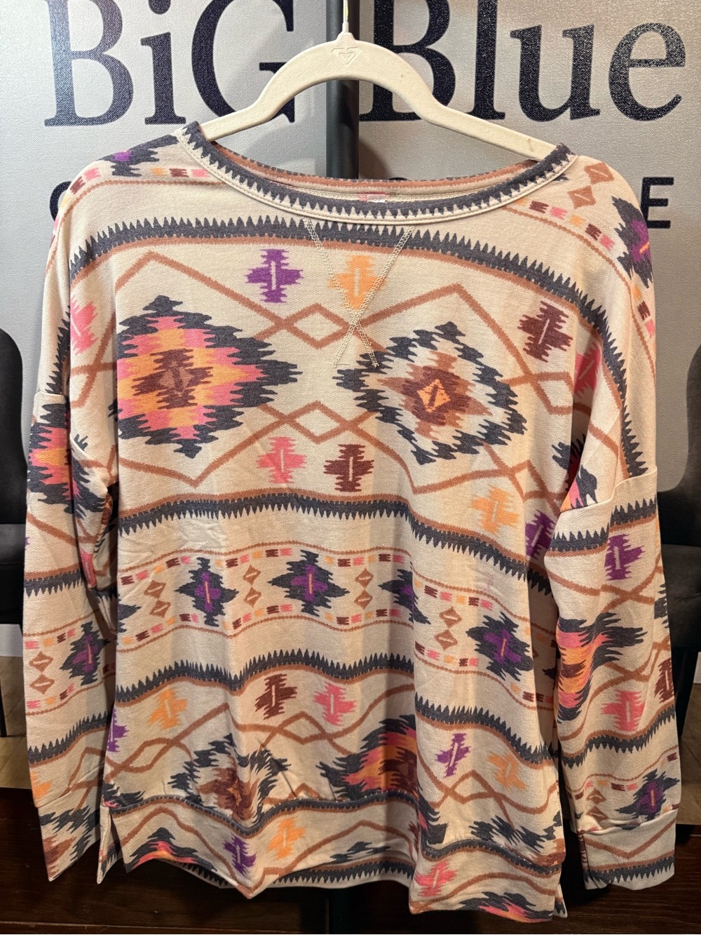 Southwestern Pattern Long Sleeve Top in Beige with Pink, Purple & Orange Accents